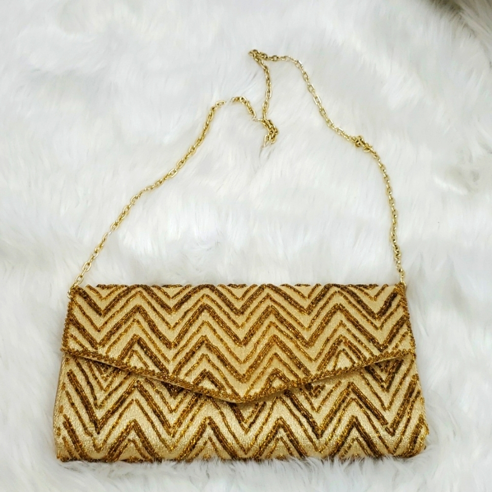 Vintage Hand Beaded Evening Bag Purse Gold Walborg